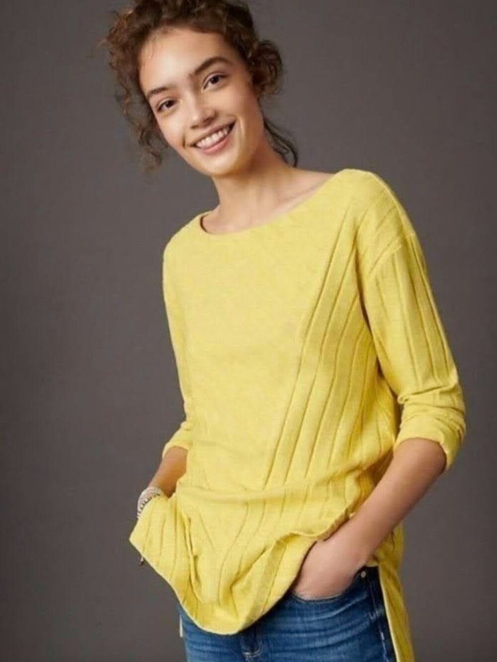Maeve Anthropologie Yellow Textured Tunic Sweater L